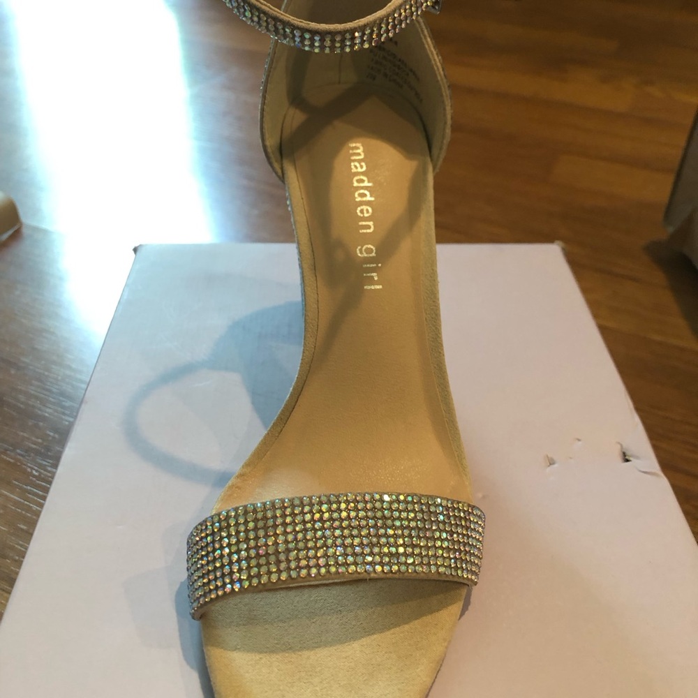 Madden Girl Tan Heels with Rhinestone Strap